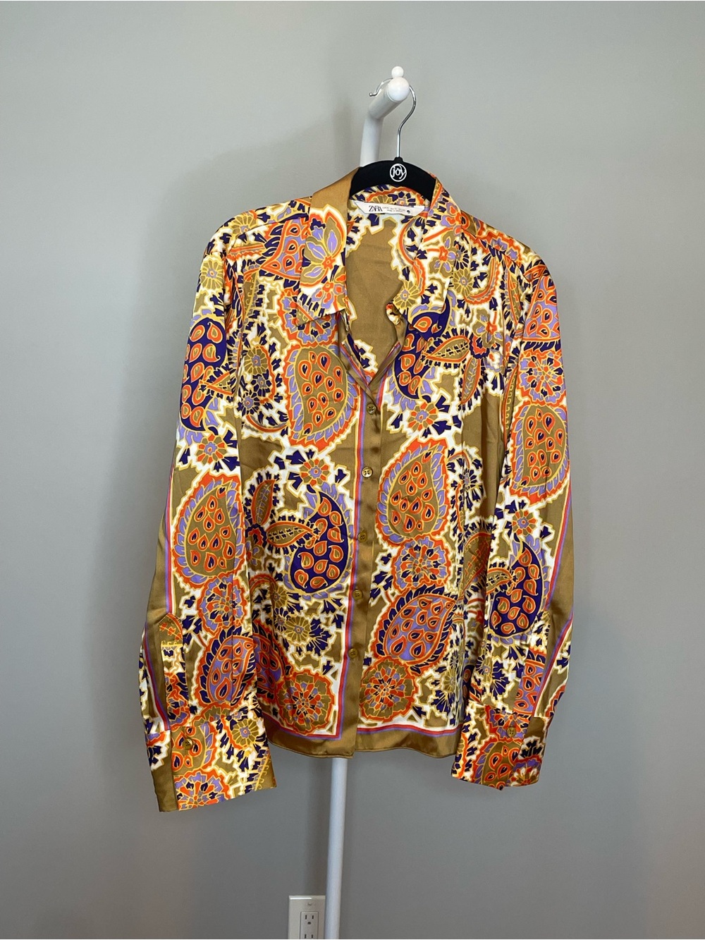 Zara Gold Paisley Print Silk-Like Blouse with Purple & Orange Accents - XL